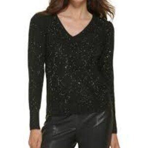 Karl Lagerfeld Sequin Black Sparkly V-Neck Sweater Size XS Whimsigoth NWT